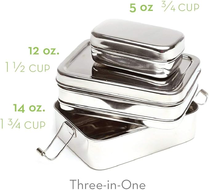 ECOlunchbox Three-in-One Stainless Steel Bento Box (31oz) – 3 Piece Nesting Lunch Container with Snack Pod – Plastic Free, Non Toxic, Dishwasher Safe, Not Leak-Proof