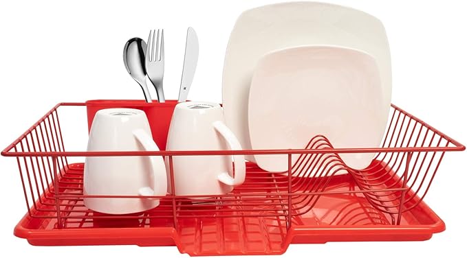 Sweet Home Collection 3 Piece Metal Dish Drainer Rack Set with Drying Board and Utensil Holder, 12" x 19" x 5", Red