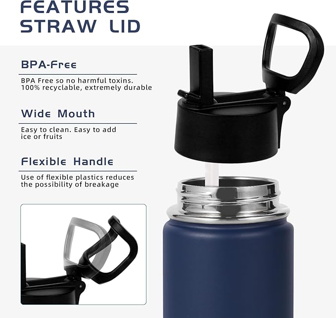 Volhoply 14oz KIds Water Bottle with Straw Lid and Silicone Boot Bulk 2 Pack,Stainless Steel Insulated Cups for Boys & Girls Multipack,Double Wall Vacuum Leakproof Bottles(Navy,2)