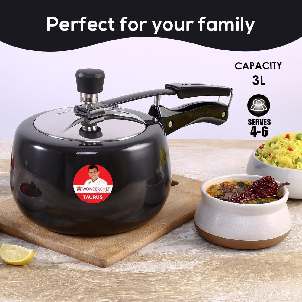 Wonderchef Taurus Hard Anodized Inner Lid Pressure cooker, 3 liter, Cool Touch Handles for Durability, Induction Friendly, 5 year warranty, ISI Certified3 LitresBlack