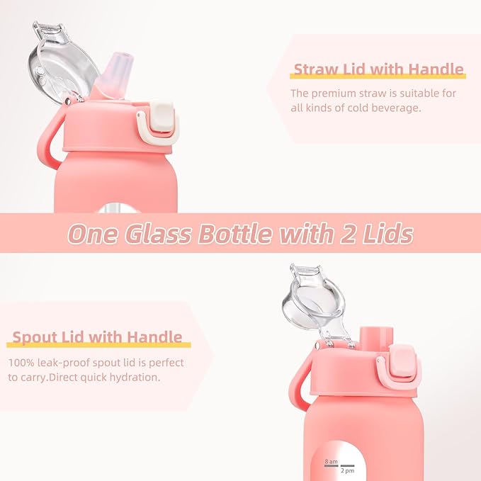 chunmo 32 oz Glass Water Bottles with 2 Lids-Handle Spout Lid & Straw Lid, 1 Liter Motivational Borosilicate Water Bottle with Time Marker and Silicone Sleeve,Leakproof-Pink-1 Pack