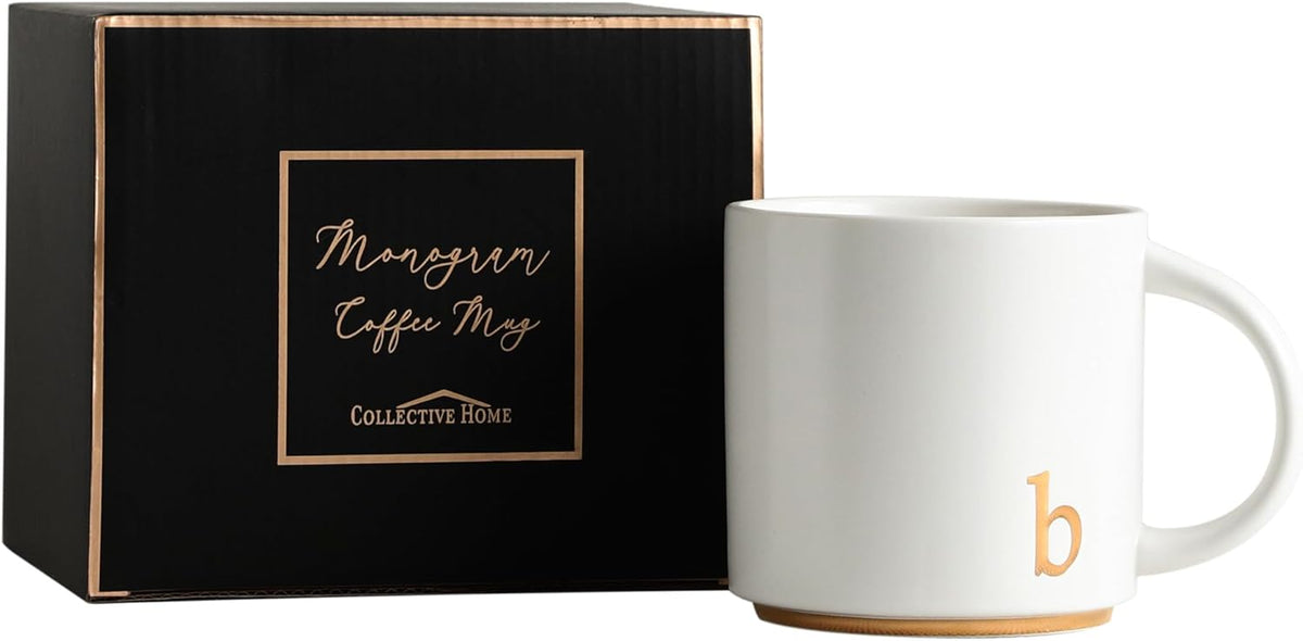 COLLECTIVE HOME - Monogram Ceramic Mugs, 15 oz Golden Initial Coffee Cups, Elegant Alphabet Tea Mugs, Elegant Personalized Mug with Gift Box, Luxurious Cups for Office and Home (b)