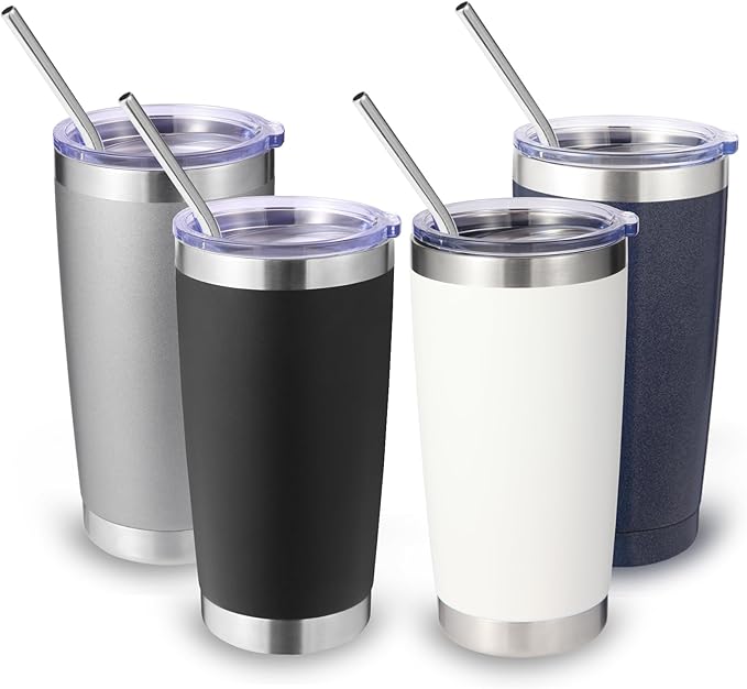 Volhoply 20oz Stainless Steel Tumbler with Lid and Straw Bulk 4 Pack,Double Wall Insulated Travel Iced Coffee Mug Fits Cup Holder,Powder Coated Cups for Hot/Cold Drinks,Gifts for Women（Mix,4 Set）