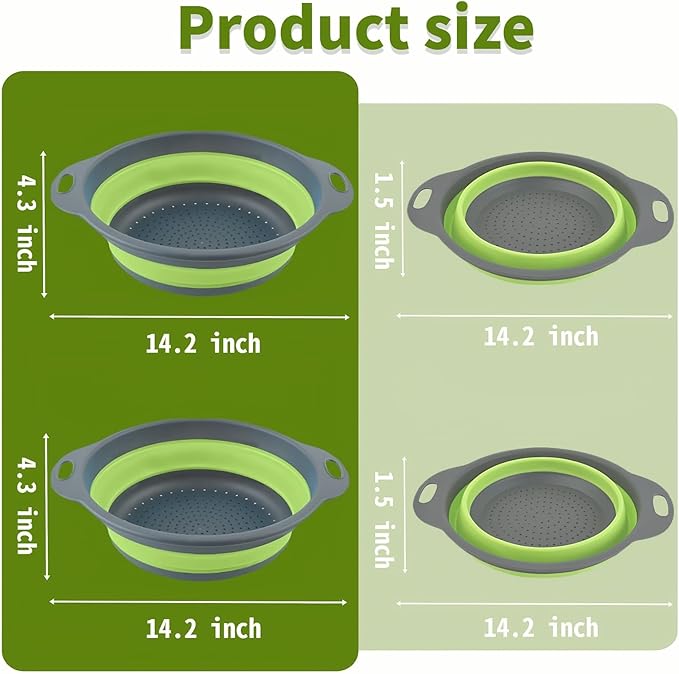 Silicone Colander Collapsible Strainers Set for Kitchen- 2 Pack (5Qt) -Over Home Draining Basket, Food Vegetables & Fruits-Dishwasher Safe, Space Saving Design (Greeen)