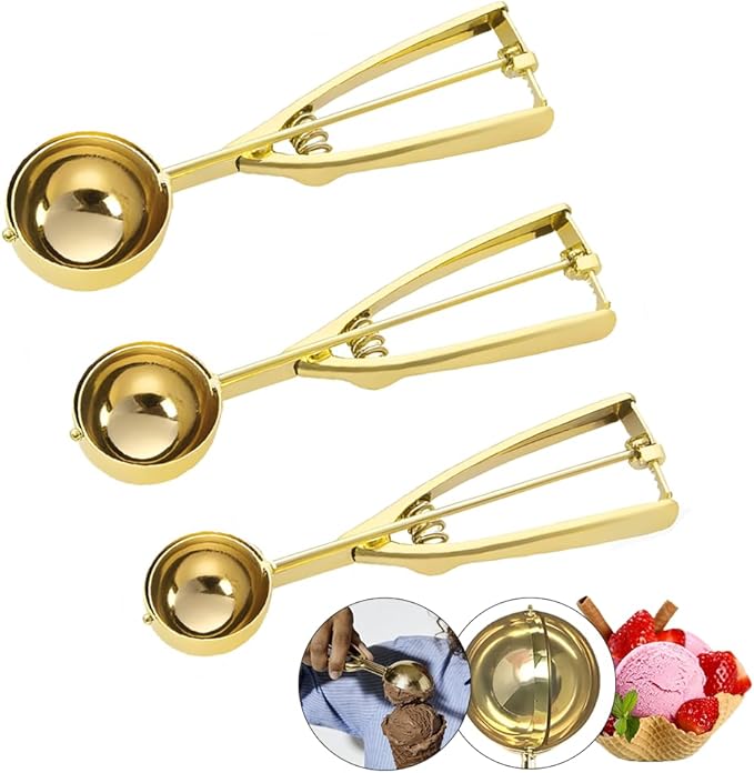 Gold Ice Cream Scoop 304 Stainless Steel Cookie Scoops for Baking Melon Baller with Trigger 3 Sizes (Gold, L)