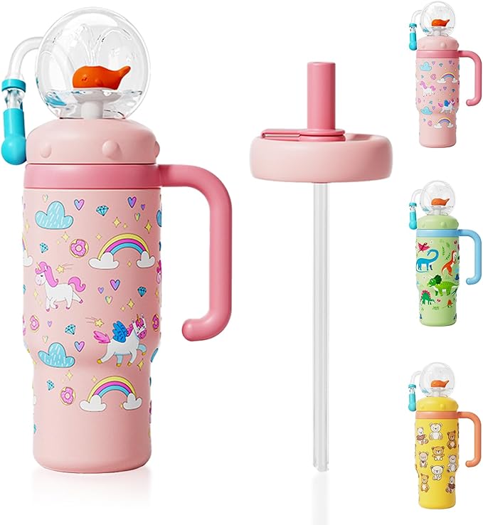 VICSPORT Drinking Cup with Whale Squirt, Stainless Steel Whale Fountain Tumbler, Whales Spray Straw Sippy Cups Water Bottle with Two Lids 24oz for Kids & Adults