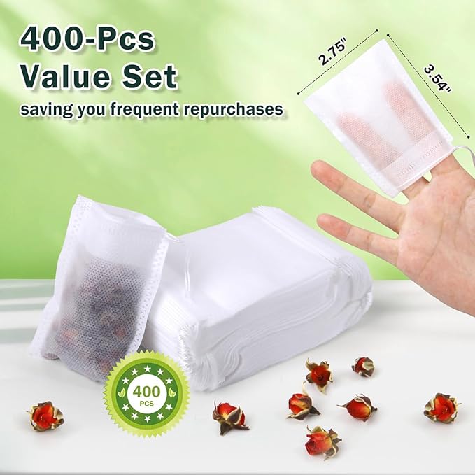 400Pcs Disposable Tea Bags for Loose Leaf Tea, Empty Tea Filter Bags for Cooking, Infuser Sachets for Spice, Coffee, Herb and More (3.54x2.75 Inch)