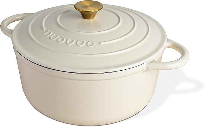 Nuovva Enamelled Cast Iron Dutch Oven Pot with Lid 7.3 Quart Non Stick Casserole Pot – Heavy Duty & Oven Safe up to 500° F for Bread Baking, Braising, Stews, Roasting – 30cm Cream
