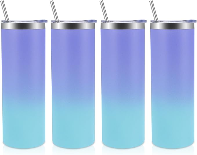 Volhoply 4 Pack Skinny Tumblers with Lid and Straw, 20oz Stainless Steel Straight Tumbler Bulk, Vacuum Insulated Coffee Mug for Home, Office, Travel, DIY (Purple Bule,4 Pack)