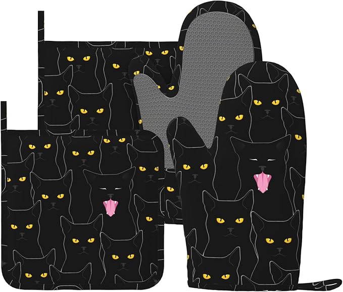 Fun Black Cat Oven Mitts and Pot Holders Set of 4 Silicone Heat Resistant Oven Mitten Potholders Non Slip Gloves Kitchen Decor for BBQ Cooking Grilling Baking