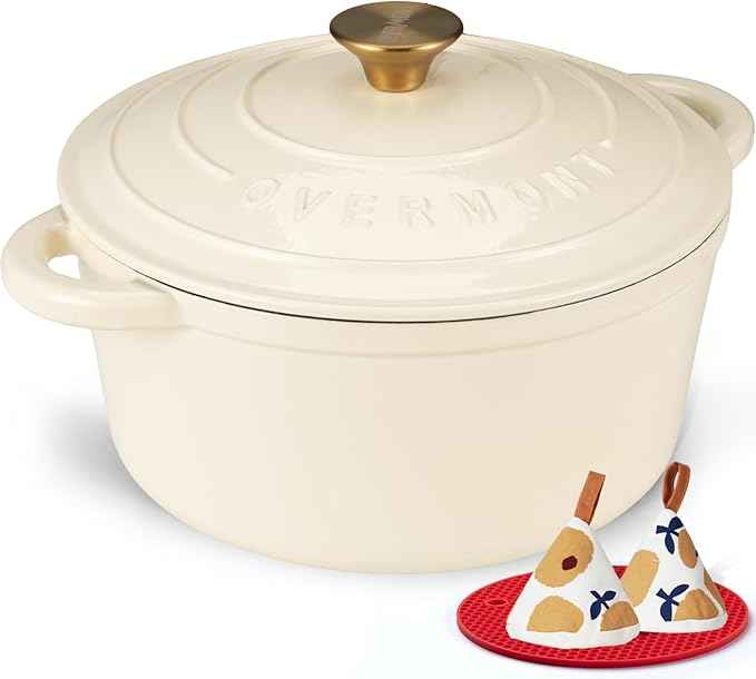 Overmont Enameled Cast Iron Dutch Oven - 7QT Pot with Lid Cookbook & Cotton Potholders - Heavy-Duty Cookware for Braising, Stews, Roasting, Bread Baking Cream White