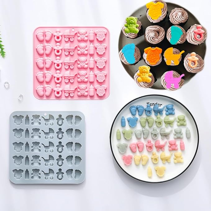 2 Pack Baby Shower Molds Silicone, 35 Cavity Baby Feet Molds with 3D Bottle Pacifier Onesie Carriage Bear Patterns for Baby Shower Party, Birthday, Candy, Chocolate, Cake Decorations Cupcake Topper