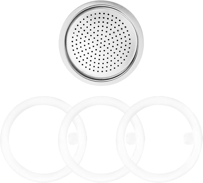 Sivaphe 2 Espresso Cup Stainless Steel Moka Pot Replacement Infuser Parts for Stainless Steel Italian Stovetop Espresso Coffee Maker, 1 Filter and 3 Silicone Gasket Seals