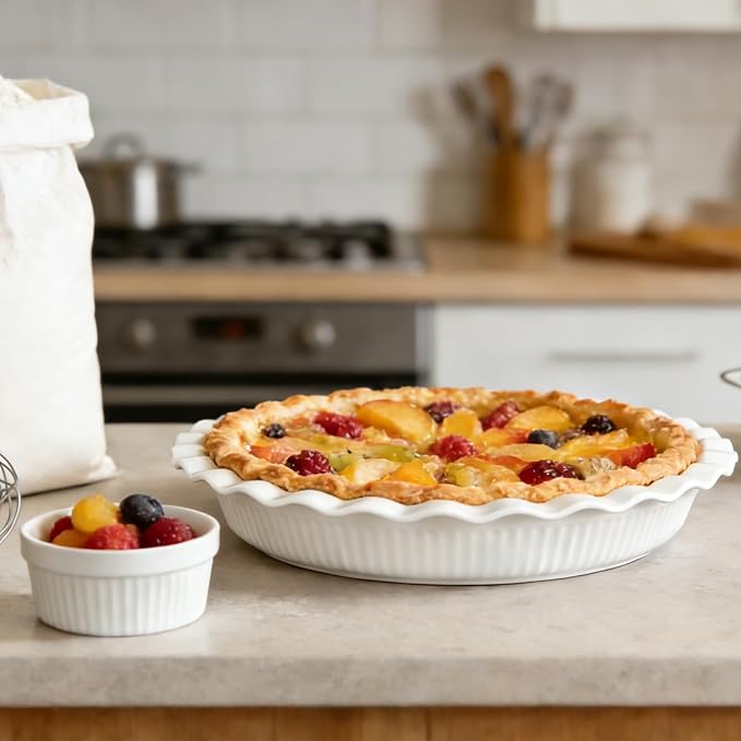 GOURMETEDGE 10-Piece Stackable Ceramic Bakeware Set - Ideal Mother's Day Gift, Non-Toxic Non-Stick Oven Safe, PFOA & PFOS Free, Includes Baking Dishes, Pie Plate, Ramekins & Silicone Tools (White)