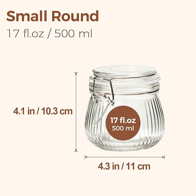 ComSaf 6-Pack 17oz Ribbed Glass Storage Jars with Airtight Clamp Lids, Decorative Wide Mouth Pint Canisters for Jam, Spices, Nuts, Snacks - Ideal for Kitchen Pantry and Drawer Organization