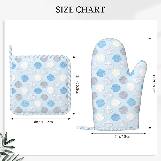 Oven Mitts and Pot Holders Summer Seashell Blue Pastel Silicone Kitchen Accessories Set of 4 Heat Resistant Long Gloves Potholder Non-Slip Grip for Chef Baking Cooking Grilling BBQ