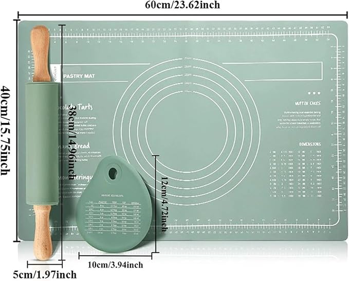 Silicone Measuring Kneading Pad Set Household Rolling Pin Dough Large Thick Non-slip Non-stick Bottom Baking Tool(Scraper blue)