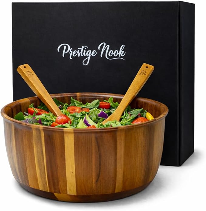 Extra Large Wooden Salad Bowl - 12“ x 5” Acacia Wood Serving bowl with 2 servers, Large Fruit bowl for food with serving utensils, Housewarming Wedding Christmas Gift