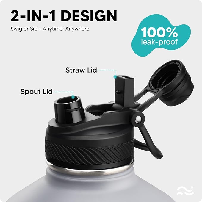Swigina [2-IN-1 LID] Gallon Insulated Water Bottle with Silicone Boot (48hrs Cold/24hrs Hot) - DIY Stickers, Leakproof, BPA Free, 128 oz
