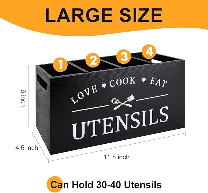 Black Farmhouse Utensil Holder for Kitchen Counter Extra Large Cooking Utensil Holder Caddy Utensils Storage Organizer for Countertop Rustic Wood Kitchen Tool Decor Utensil Crock Spatula Holder