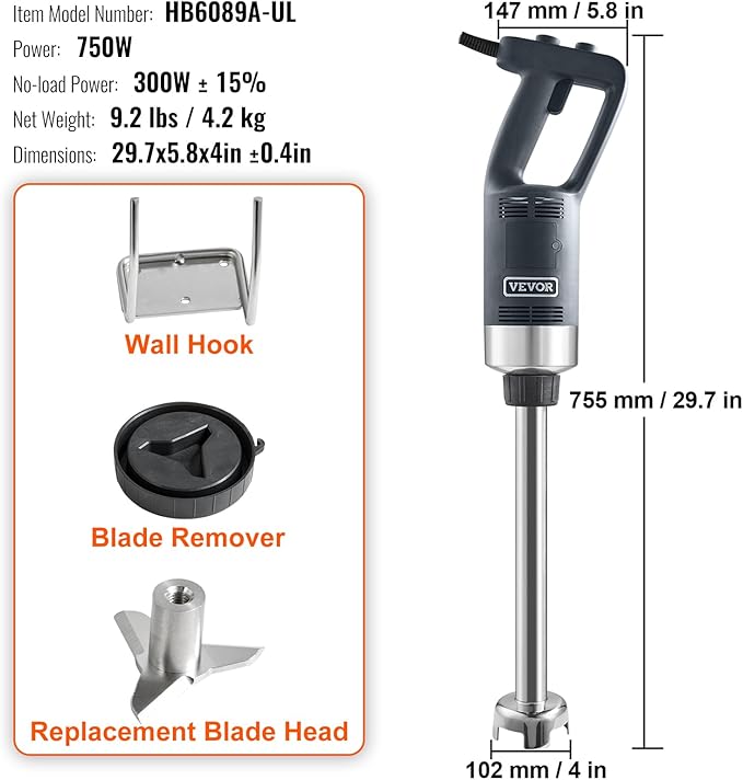 VEVOR Commercial Immersion Blender, 750W 16" Heavy Duty Hand Mixer, Variable Speed Kitchen Stick Mixer with 304 Stainless Steel Blade, Multi-Purpose Portable Mixer for Soup, Smoothie, Puree, Baby Food