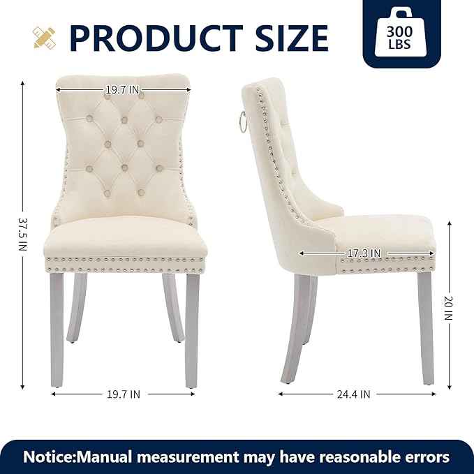Velvet Dining Chairs Set of 2, Kitchen & Dining Room Chairs, Upholstered Dining Chairs with Back Ring Pull and Silver Solid Wood Legs, Modern Tufted Kitchen Chairs for Dining Room, Cream