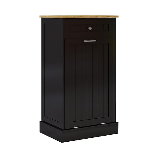 Wooden Simple Style Kitchen Cabinet, Wooden Frame with Drawers and Tilt-Out Trash Cabinet for 10 Gallon Trash Cans - 19.69'' W x 13.78'' D x 35.43'' H (Black-021)
