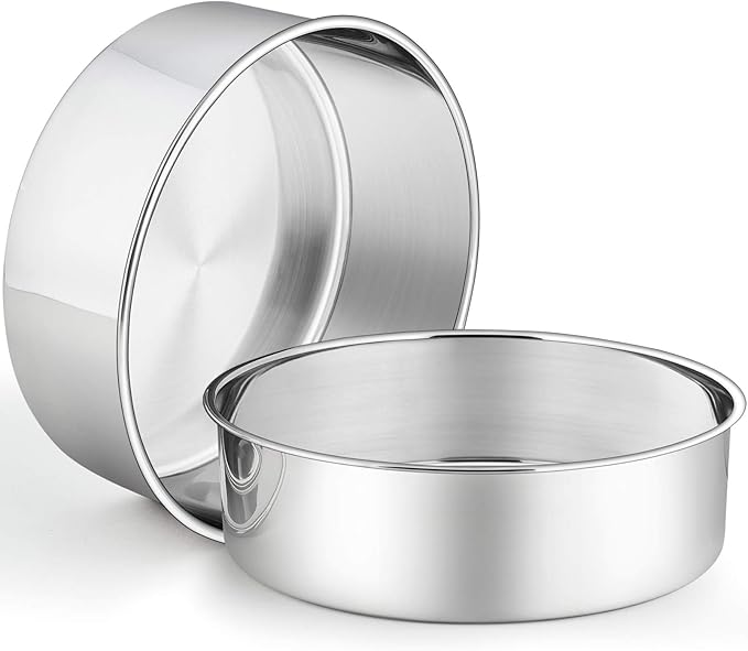 P&P CHEF 9.5 Inch Cake Pans Set, Round Baking Pan Stainless Steel Layer Birthday Wedding Cake Oven Pans, Non Toxic & Heavy Duty, Deep Side & Mirror Finish, Dishwasher Safe, (2Pcs)