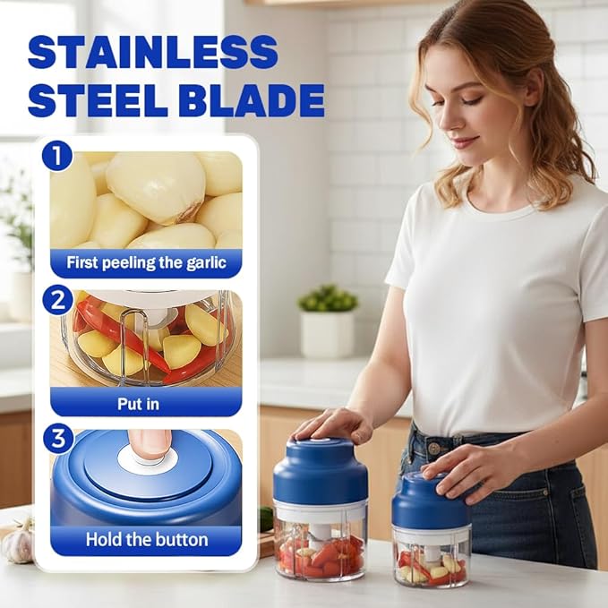 Electric Garlic Chopper, 2026 Upgraded Food Processor, USB Rechargeable Portable Wireless Veggie Chopper with 6 Stainless Steel Blades for Garlic Onion Chili Nuts Meat (blue, 250ml)