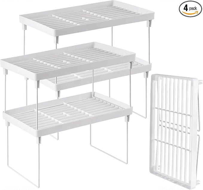 NiHome 4-Pack Stackable Plastic Kitchen Storage Shelf Foldable Rack - White Kitchen Cabinet Organizer and Storage Shelves Stackable Expandable Storage Racks for Counter Cabinet Pantry