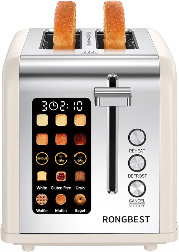 2 Slice Touch Screen Toaster Stainless Steel Digital Touchscreen with Wide Slots, Reheat & Defrost, Even Toasting for Bagel & Bread, Easy Removable Crumb Tray, Cream Color