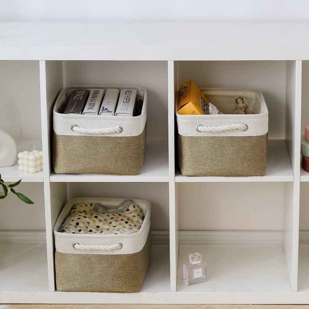 TheWarmHome Storage Basket for Organizing - 14x10x7 inch Medium 3 Pack Collapsible Storage Bin for Shelves with Handles, Canves Storage Box for Organizer Cubes Cloth Gift Toy Closet (White & Khaki)