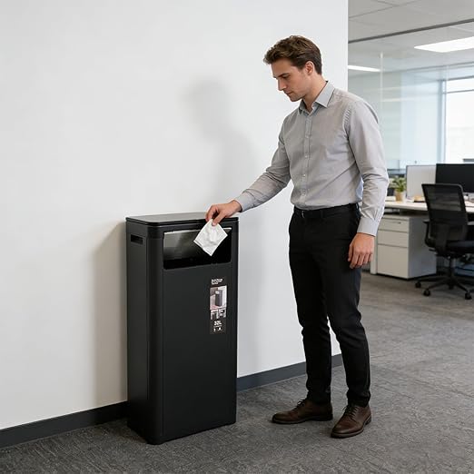 Trash Can with Lid, 8.45 Gallon Trash Bin Cabinet with 2 Openings, Hidden Trash Cabinet, Trash and Recycling Organizer, Garbage Can for Kitchen, Bathroom, Bedroom, Living Room, Office(Black)
