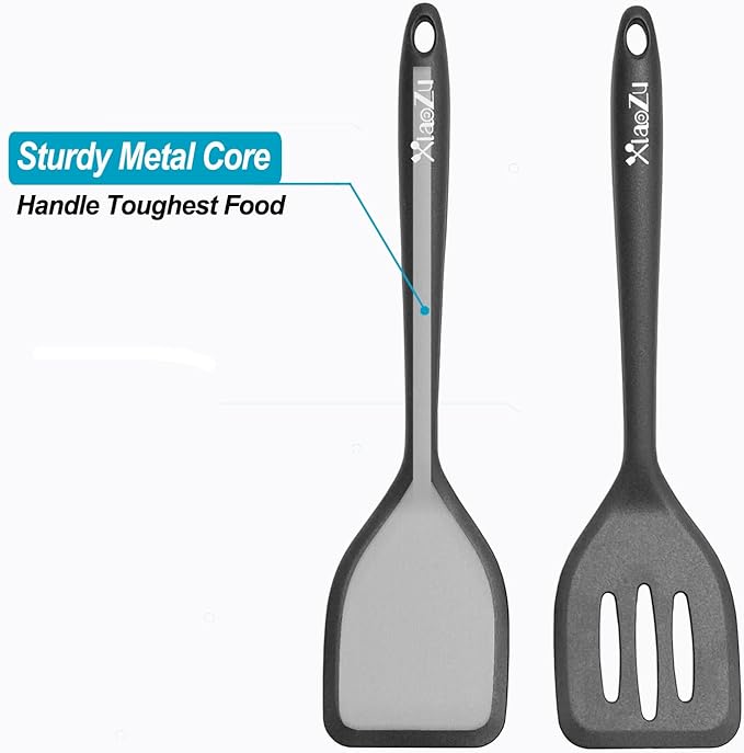 Silicone Spatula Turner Set, High Heat Resistant Spatulas with Seamless One Piece Design, Nonstick Rubber Flippers Utensils for Baking & Cooking,BPA-Free, Black,11 IN