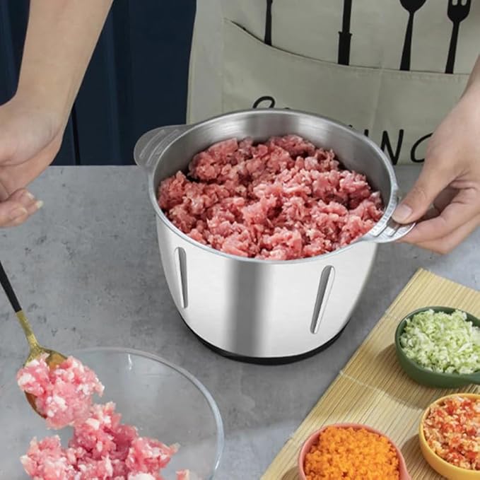 Sakerplus Multifunctional Large Capacity Meat Grinder, 250W Electric Food Processor with 3 Speeds, 2L Stainless Steel Bowl & 4 Sharp Blades for Meat, Vegetables, Nuts (2L-stainless steel)
