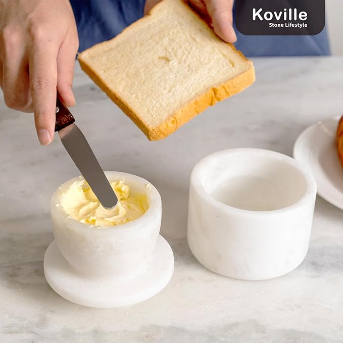 Koville White Marble Butter Keeper Handmade French Butter Holder For Kitchen Counter Decor, Stone Butter Dish Butter Container & Crock for Kitchen, Handmade Butter Crock For Spreadable Butter Ideal