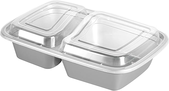 Restaurantware-Asporto 26 Ounce Compartment Take Out Boxes, 100 Microwavable Meal Prep Containers - 2 Compartments, With Clear Plastic Lids, Silver Plastic Food Containers, Do Not Contain BPA