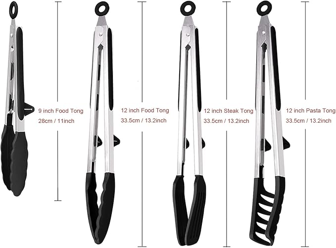 4 Pack Silicone Kitchen Cooking Tongs Set, Stainless Steel Nonstick Food Tong with BPA Free Silicone Tips for Serving Pasta Spaghetti Steak Pie Pizza Salad Vegetable Fruit Grilling BBQ Buffet 9" & 12"