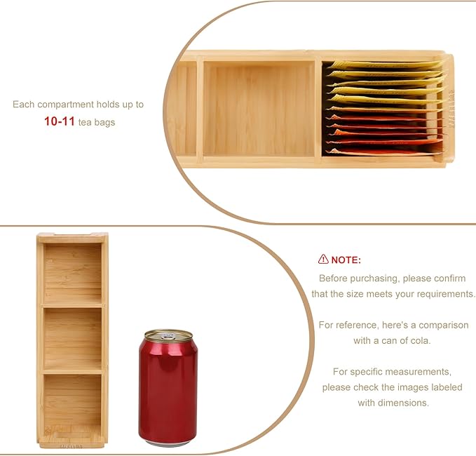 HTB Small Tea Bag Holder Pack of 2, Bamboo Tea Organizer 3 Compartments for Beverage Suppliers, Sweeteners, Individual Packets, Portable Tea Bag Organizer for Home Kitchen Counter or Office