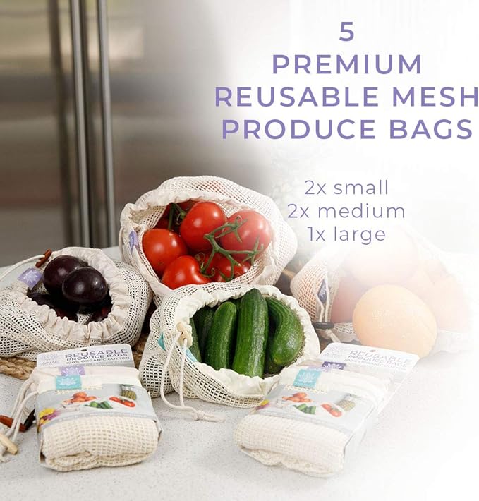 Lotus Reusable Produce Bags - Organic Cotton Washable Produce Mesh Bag for Vegetable Storage, Eco Friendly Reusable Produce Storage Fruit Bag Mesh for Groceries (3 Size Cloth Bags)