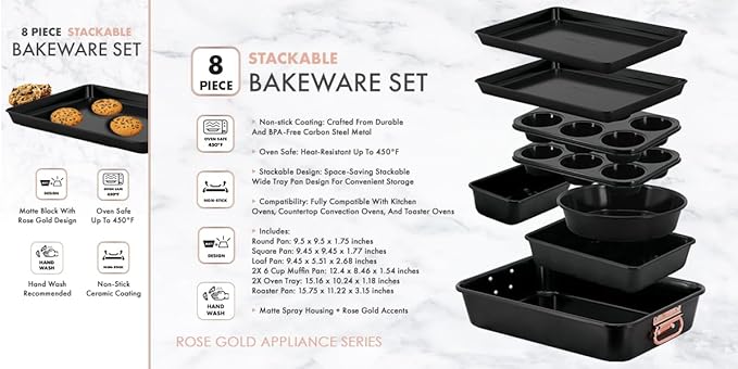 Stackable Nonstick Bakeware Set, 8 Piece Baking Pan Set, Oven Safe Carbon Steel, Includes Cookie Sheet, Muffin Pan, Loaf Pan & Roaster