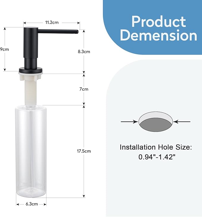 Kitchen Sink Soap Dispenser with 17 OZ Bottle and 40" Extension Tube Kit, Stainless Steel Built-in Soap Dispenser for Kitchen Sink or Countertop, in or Under Sink Installation, Matte Black