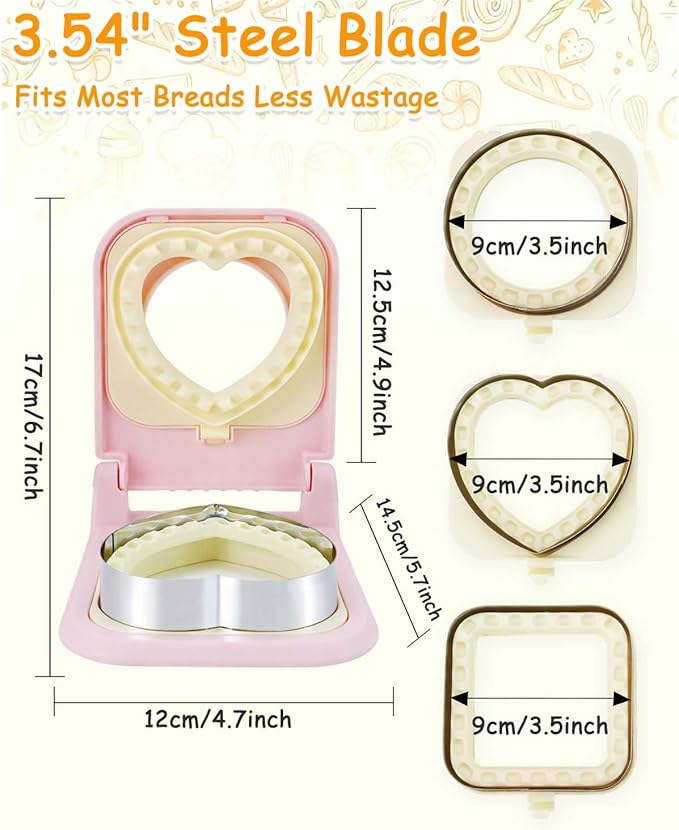 3-in-1 Uncrustable Sandwich Maker - Heart/Circle/Square Crustless Sandwich Cutter & Sealer for Kids' Lunch, Breakfast & Lunchboxes | BPA-Free Uncrustable Press, Easy Clean (3-Shape Pink)