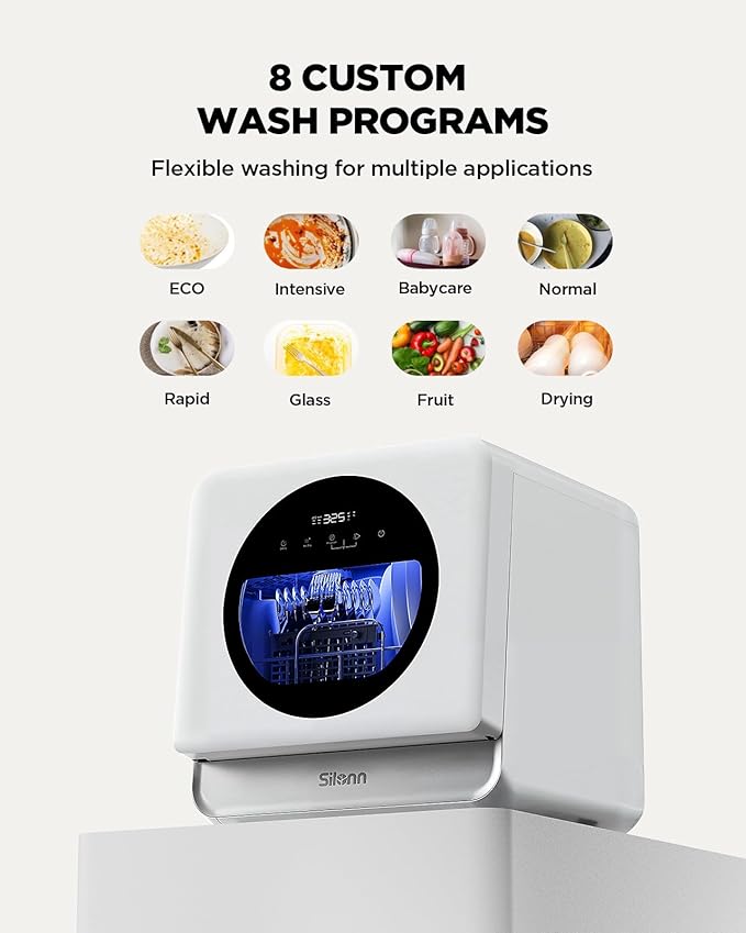 Silonn Portable Countertop Dishwasher, Smart App Control, Triple-Jet Cleaning, Built-In Dual Supply &Water Tank. Compact for Apartment, RV, Dorm
