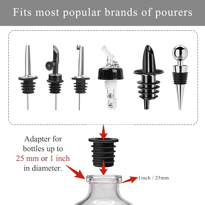 12-Pack Liquor Bottle Pourers with Adapters, Liquor Pour Spout Adapters set for for Large Olive Oil Bottles and Liquor Bottles - Up to 1 Inch/25mm Neck Converts Any Spout into a Large Pour Spout