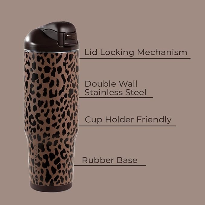 HydroJug Ease2o Water Bottle with Straw & Chug Lid, Stainless Steel, Vented Cap to Help Reduce Pressure, Water-Level Window, Cup Holder Friendly, Non-Slip Base – 32oz, Brown Leopard