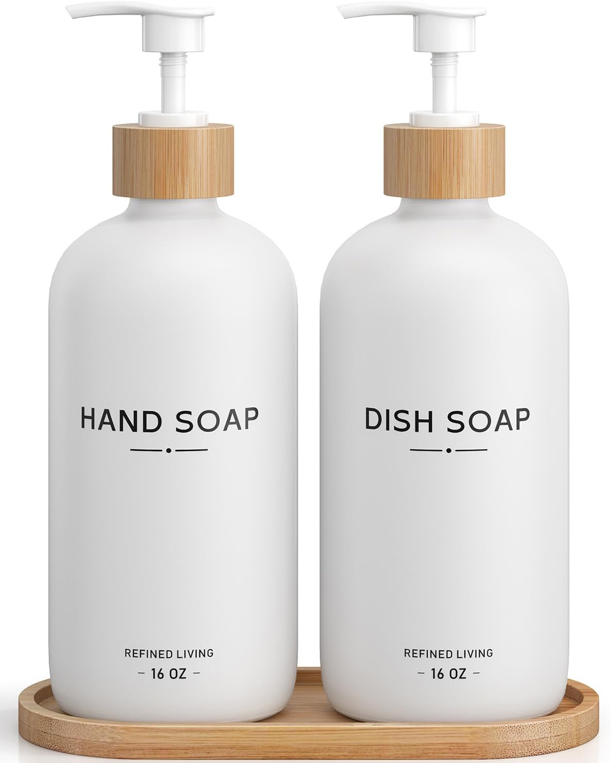 Hand and Dish Soap Dispenser Set,16oz Glass Bottles with Printed Labels, Bamboo Tray & Pump,Countertop Soap Dispensers for Kitchen,Luxury, Minimalist & Farmhouse Decor (Hand Dish (White))
