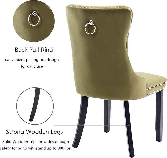 Velvet Dining Chairs Set of 4, Tufted Upholstered Wingback with Back Ring Pull Trim, Solid Wood Legs (Olive Green) for Dining, Living, Kitchen