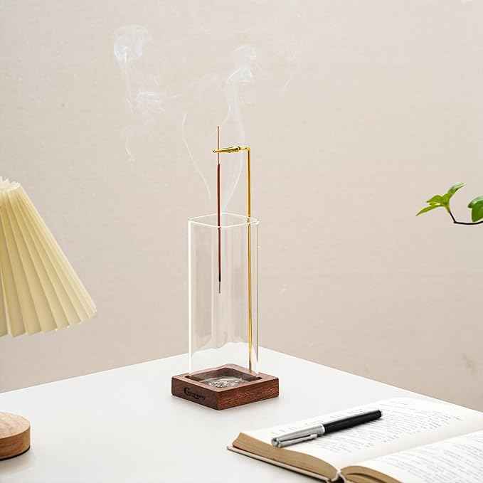 Ceremony Incense Holder,2Pack Wood Incense Holder for Sticks with Glass Ash Catcher,Incense Burner for Meditation Yoga Spa Room Decor