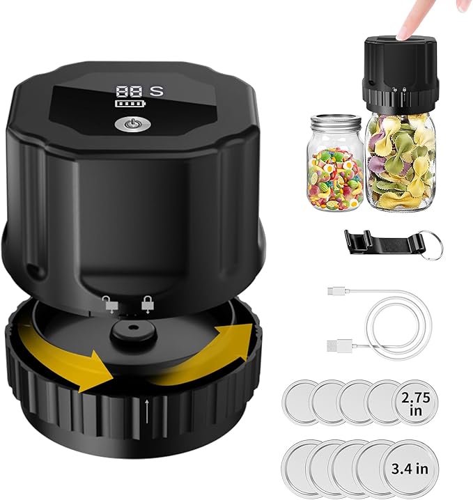 Electric Mason Jar Vacuum Sealer Kit (Lids Included), Handheld Automatic Vacuum Sealer for Jars, Bags, Food Savers & Containers, Food Preservation System for Canning Jams, Pickles, Dry Foods